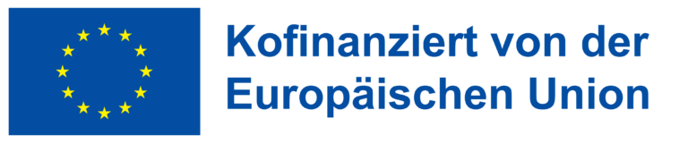 Logo der Europäischen Union mit Text in Blau "Kofinanziert von der Europäischen Union"